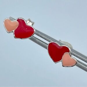 Sterling Silver Red & Pink Double Heart Enamel Stud Earrings
